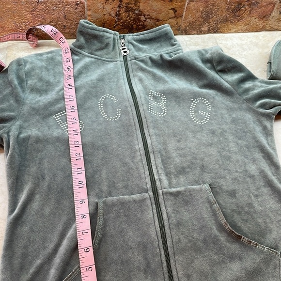 BCBGMAXAZRIA Velour Jacket Rhinestone Pockets Zipper Long Sleeve Green Size L - Picture 9 of 14